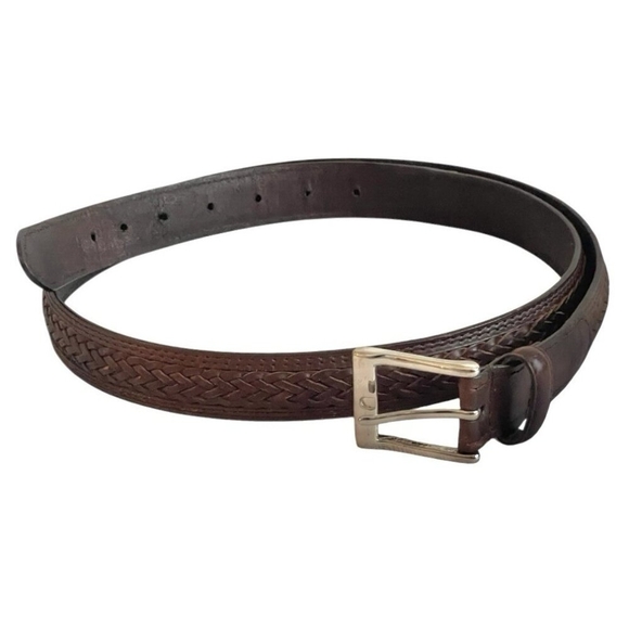 Mens Belt Braid Weaves Brown Cowhide Leather Silver Buckle Dress Pants Belt - Picture 3 of 6